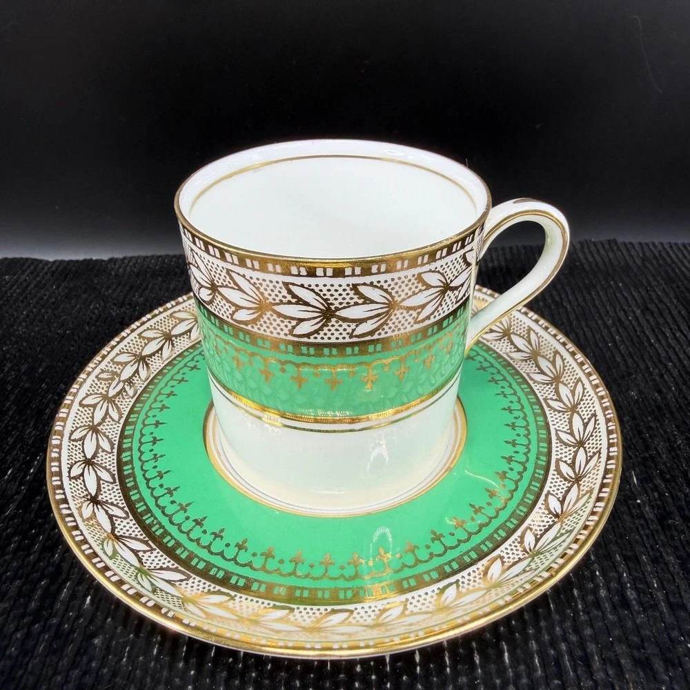 Aynsley Bone China Demitasse Cup Saucer Set Dresden Green Gold‎ Gilt Laurel Leaf